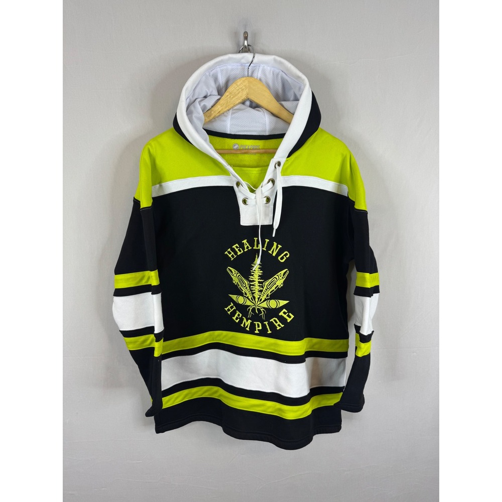 Puck Pros Healing Hempire Weed Hockey Hoodie Neon Yellow Black Sweatshirt 50